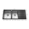 Molded Double Bowl Stainless Steel Toughened Tempered Black Glass Panel Kitchen Sink